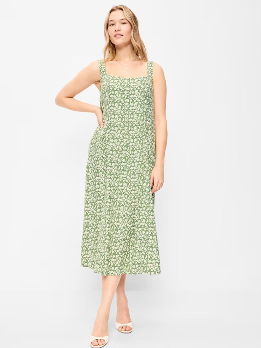 NWT Old Navy Fit & Flare Sleeveless Linen-Blend Midi Dress Green Floral Medium